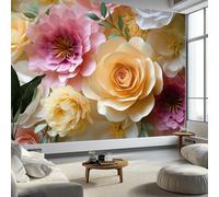 Wall Mural Plant Flower Wall Roses Peonies 300 x 210 cm Photo Wallpaper, Non-Woven Mural Wallpaper - Living Room Bedroom Kids Room TV Sofa Background Family Decor