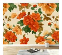 Wall Mural Plants Orange Flowers Leaves Print Photo Wallpaper, Vintage Art Non-Woven Wall Mural Decoration Poster Picture Design Modern Wallpaper 250W x 175H cm for Living Room Kids Bedroom