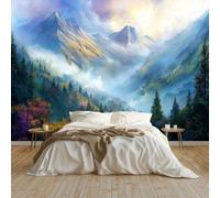 Wall Mural Realistic Oil Painting Mountains Misty Forest 250 x 175 cm - Premium Non-Woven Large Photo Wallpaper Background, Non-Self-Adhesive Wall Poster Decor for Home Bedroom, Living Room Playroom