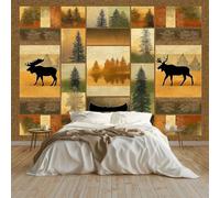 Wall Mural Retro Moose Forest Grid Decoration for Kids Room 250 x 175 cm, Eco-Friendly Waterproof Wallpaper Photo Mural Wall Decor for Nursery Bedroom Playroom Wall Covering Camel