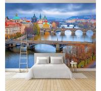 Wall Mural Romantic Scenery Bridge Architecture Riverside 300 x 210 cm - Non-Woven Large Photo Wallpaper Background, Non-Self-Adhesive Wall Poster Decor for Home Bedroom, Living Room Playroom Blue