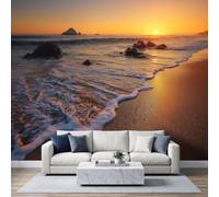 Wall Mural Rustic Country Style Beach Ocean Wave Photo Wallpaper, Romantic Coastal Wall Mural - Modern Design Decoration Golden Orange Wallpaper for Living Room Kids Bedroom - 400W x 280H cm