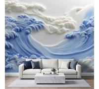 Wall Mural Sky Blue Gradient Waves Foam 350 x 256 cm Photo Wallpaper, 3D Non-Woven Wallpaper Relief Chinese Poster Mural for Living Room Bedroom TV Sofa Background Family Wall Art Decor