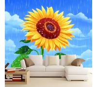 Wall Mural Sunflowers in The rain 350x256 cm Photo Wallpaper, 3D Print Non-Woven Large Poster Mural for Living Room Bedroom TV Sofa Background Family Wall Decor