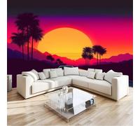 Wall Mural Sunset Street with Cars Palm Trees Wallpaper, 3D Wall Mural Decoration Poster Cartoon Style Picture Design Photo Wallpaper for Living Room Bedroom Children's Room Office 500 x 280 cm