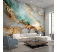 Wall Mural Teal Gold Marble Wallpaper - Modern Abstract Agate Photo Wallpaper for Living Room Bedroom, Non-Woven Teal Gold Wall Paper Home Decor Art 500X350 cm w6g1