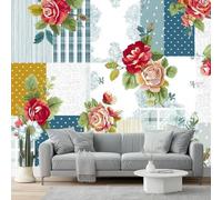 Wall Mural Traditional Country Style Floral Collage Roses Print Photo Wallpaper 300 x 210 cm Non-Woven Premium Wall Mural for Living Room Kids Bedroom Decoration Poster Blue Yellow