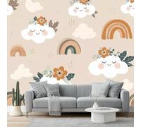 Wall Mural Traditional Cute Childlike Clouds Print Photo Wallpaper 300 x 210 cm Non-Woven Premium Wall Mural for Living Room Kids Bedroom Decoration Poster Beige Brown