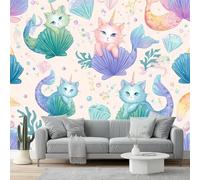 Wall Mural Traditional Fantasy Underwater Creatures Cats Print Photo Wallpaper 400 x 280 cm Non-Woven Premium Wall Mural for Living Room Kids Bedroom Decoration Poster Colorful Pink