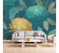 Wall Mural Traditional Floral Photo Wallpaper Non-Woven 300x210 cm | Chrysanthemum Leaf Teal 3D Photo Poster Wall Art for Bedroom Living Room Dining Room Hall TV Backdrop Office