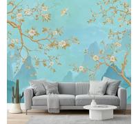 Wall Mural Traditional Flowers Birds Mountains and Rivers Artistic Print Photo Wallpaper 350 x 256 cm Non-Woven Premium Wall Mural for Living Room Kids Bedroom Decoration Poster Cyan Gold