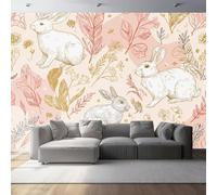 Wall Mural Traditional Hand-Painted Rabbit Pastoral Photo 157.5" x 110.2" Non-Woven Premium Wall Mural for Living Room Kids Bedroom Decoration Poster Pink Gold
