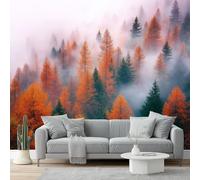 Wall Mural Traditional Landscape Ecology Autumn Scenery of Fog Forest Photo Wallpaper 350 x 256 cm Non-Woven Premium Wall Mural for Living Room Kids Bedroom Decoration Poster Orange Green