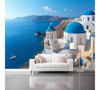 Wall Mural Traditional Seaside Buildings Blue and White Romantic Photo Wallpaper 157.5" x 110.2" Non-Woven Premiumfor Living Room Kids Bedroom Decoration Poster Blue White