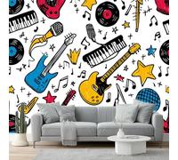 Wall Mural Traditional Trendy Music Instrument Graffiti Cartoons Photo Wallpaper 400 x 280 cm Non-Woven Premium Wall Mural for Living Room Kids Bedroom Decoration Poster Color White