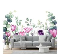 Wall Mural Traditional Watercolor Flower Border Tulips Lavender Print Photo Wallpaper 200 x 140 cm Non-Woven Premium Wall Mural for Living Room Kids Bedroom Decoration Poster Purple Green