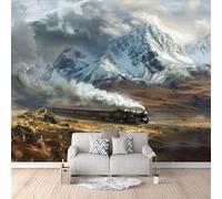 Wall Mural Train 3D Photo Wallpaper, Snow-capped Mountains, Retro Steam Train Wall Murals for Bedroom Living Room, Non-Woven Mural Wallpaper Art Poster Sofa TV Background Decor 500 × 280 cm (WxH)