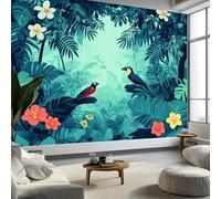 Wall Mural Tropical Forest Birds, Large Photo Wallpaper for Kids Bedroom Living Room Dorm TV Background Poster Home Decor 200x140 cm, Dark Green