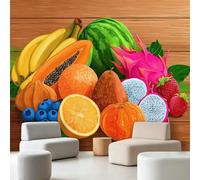 Wall Mural Tropical Fruit Modern Wood Grain, Large Panoramic Non-Woven Wallpaper, Banana Dragon Fruit Papaya Orange Photo Mural for Living Room & Bedroom 250 x 175 cm