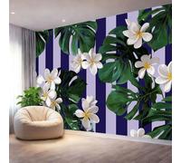 Wall Mural Tropical Plants Flowers Stripes Print Photo Wallpaper Navy Blue Wallpaper for Living Room Bedroom, Non-Woven Decor Wall Paper, Photo Mural Dining Room Hallway Lounge, 350 x 256 cm