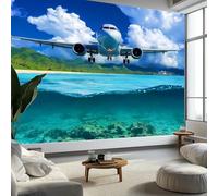 Wall Mural Turquoise Non-Woven Feature Wallpaper Airplane Sea View Theme Poster Art Large Mural, for Living Room Bedroom Office, Wall Decoration 350x256 cm