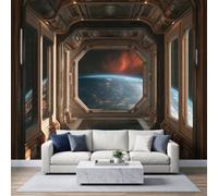 Wall Mural Universe Spaceship Geometric Space Station Photo Wallpaper, Sci Fi 3D Space Non-Woven Mural - Modern Design Decor Poster Dark Brown Wallpaper for Living Room Kids Bedroom 350W x 256H cm