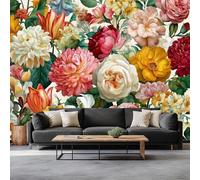 Wall Mural Vintage Art Photo Wallpaper 250W x 175H cm, Plants Flowers Roses Peonies Non-Woven Mural Wall Art Decoration Poster Picture Design - Wallpaper Modern for Kids Room Living Room Bedroom
