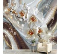 Wall Mural Wallpaper 3D Abstract Relief 300 x 210 cm Non-Woven Panoramic Custom Photo Wallpaper Poster for Living Room & Corridor Bedroom - Floral White Magnolia Wave Patterns Water Droplets