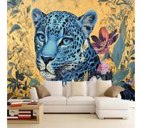 Wall Mural Wallpaper 3D Boho Blue Leopards 366x254cm，Retro Luxury Plants and Flowers Photo Wallpaper Silk Cloth Wall Art for Living Room Bedroom