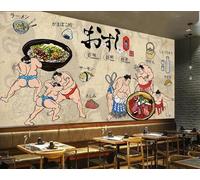 Wall Mural Wallpaper, 3D Hand Drawn Sumo Warrior Japanese Restaurant 416(W)X254(H)Cm Self-Adhesive Peel And Stick Wallpaper For Living Room Bedroom Tv Background Office Restaurant Motif Room R-4593719