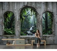 Wall Mural Wallpaper 3D Industrial Rainforest Wind Concrete Wall Rainforest Waterfall, Premium Silk Dark Green Art Photo Wallpaper for Living Room Bedroom Children's Room Home Wall Decor 300x210cm
