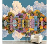 Wall Mural Wallpaper Anime Cartoon 200 x 140 cm Non-Woven Panoramic Custom Photo Wallpaper Poster for Living Room Children's Room & Corridor Bedroom - Town Houses Woodland Lake Clouds