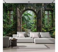 Wall Mural Wallpaper Antique Wooden Window Tropical Rainforest Landscape, 3D Premium Non-Woven Dark Green Art Photo Wallpaper For Living Room Bedroom Children'S Room Wall Decor 400X280Cm (W X H)