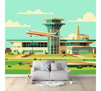 Wall Mural Wallpaper, Cartoon Airport Theme Non-Woven Wallpaper, Green 3D Effect Art Wall Murals for Bedroom Living Room Office Decor, 98.4" x 68.8" Photo Mural