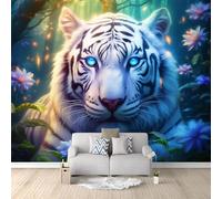 Wall Mural Wallpaper, Cartoon Jungle White Tiger Theme Non-Woven Wallpaper, Blue 3D Effect Art Wall Murals for Bedroom Living Room Office Decor, 250 x 175 cm Photo Mural