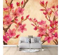 Wall Mural Wallpaper, Chinese Vintage Cherry Blossom Theme Non-Woven Wallpaper, Light Brown 3D Effect Art Wall Murals for Bedroom Living Room Office Decor, 350 x 256 cm Photo Mural