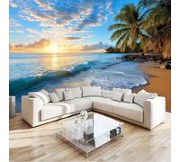 Wall Mural Wallpaper Coastal Beach Aesthetic Palms Waves 300 x 210 cm Premium Non-Woven Wall Paper Decor, Blue Photo Art for Bedroom Hallway, Living Room Lounge (Not Self-Adhesive)
