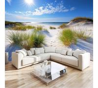 Wall Mural Wallpaper Coastal Beach Dunes Waves Grass 250 x 175 cm Premium Non-Woven Wall Paper Decor, Blue Photo Art for Bedroom Hallway, Living Room Lounge (Not Self-Adhesive)