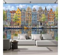 Wall Mural Wallpaper Coastal City Landscape Watercolor Colorful Architecture, 3D Premium Non-Woven Blue Art Photo Wallpaper For Living Room Bedroom Children'S Room Wall Decor 250X175Cm (W X H)