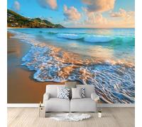 Wall Mural Wallpaper Coastal Photography Beach Waves Sand 300 x 210 cm Premium Non-Woven Wall Paper Decor, Navy Blue Photo Art for Bedroom Hallway, Living Room Lounge (Not Self-Adhesive)