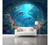 Wall Mural Wallpaper Dark Blue Mural - Cartoon Underwater World Fish Wallpaper for Living Room Tv Backdrop, Indoor Non-Woven Photo Wall Painting for Children's Room 350 x 256 cm (W x H)