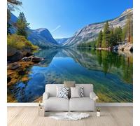 Wall Mural Wallpaper Documentary Photography Lake Reflection Mountains 300 x 210 cm Premium Non-Woven Wall Paper Decor, Navy Blue Photo Art for Bedroom Hallway, Living Room Lounge (Not Self-Adhesive)