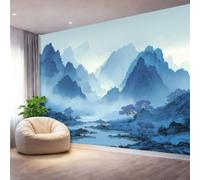 Wall Mural Wallpaper Eastern Style Ink Painting Mountains Rivers Blue Theme Photo Wallpaper Non-Woven Wall Mural Poster for Living Room Bedroom Corridor TV Background Wall Decor Murals, 250 x 175 cm