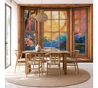 Wall Mural Wallpaper Fantasy Moonlit Window Scene Watercolor Lakes Mountains, 3D Premium Non-Woven Orange Color Art Photo Wallpaper For Living Room Bedroom Children'S Room Wall Decor 200X140Cm (W X H)