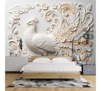 Wall Mural Wallpaper For Bedroom Living Room White Peacock 60X42Inch 3D Embossed Floral Cloud Pattern Elegant Decorative Wall Covering (Not Peel And Stick) White Peacock 150X105Cm/60X42Inch(Wxh)
