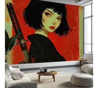 Wall Mural Wallpaper Game Style Vintage Japanese Samurai Girl Wall Decor for Living Room Bedroom, Dark Red Non-Woven Mural for Children's Room Office Photo Paper Poster 350 x 256 cm