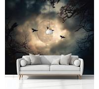 Wall Mural Wallpaper Gothic Mysterious Bright Moon Crow Art 400 x 280 cm Large Black Wallcovering for Living Room & Bedroom, Non-Self-Adhesive Home Decor