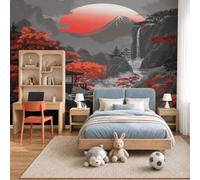 Wall Mural Wallpaper Japanese Landscape Mountains Buildings Maple Trees, 3D Premium Non-Woven Black Red Art Photo Wallpaper For Living Room Bedroom Children'S Room Wall Decor 300X210Cm (W X H)