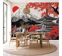 Wall Mural Wallpaper Japanese Ukiyo-E Landscape Maple Trees Mount Fuji, 3D Premium Non-Woven Black White Art Photo Wallpaper For Living Room Bedroom Children'S Room Wall Decor 250X175Cm (W X H)
