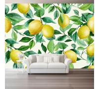 Wall Mural Wallpaper Minimalist Illustration Style 200x140cm, Green | Summer Watercolour Plants Leaves Lemon Art Photo Wallpaper for Living Room Bedroom Children's Room Home Wall Decor